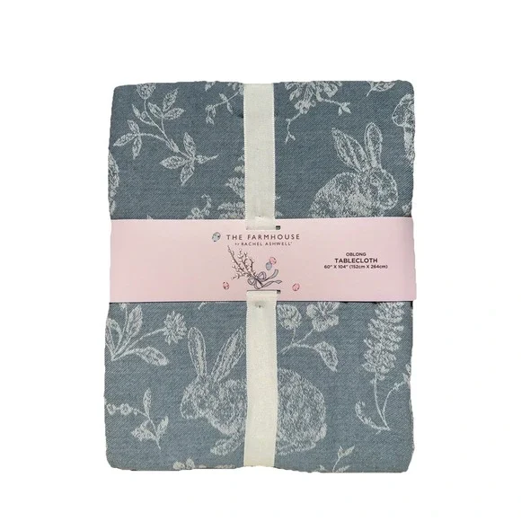 Rachel Ashwell Blue White Easter Bunny Rabbit Tablecloth Cloth Farmhouse 60x102" - Picture 1 of 3